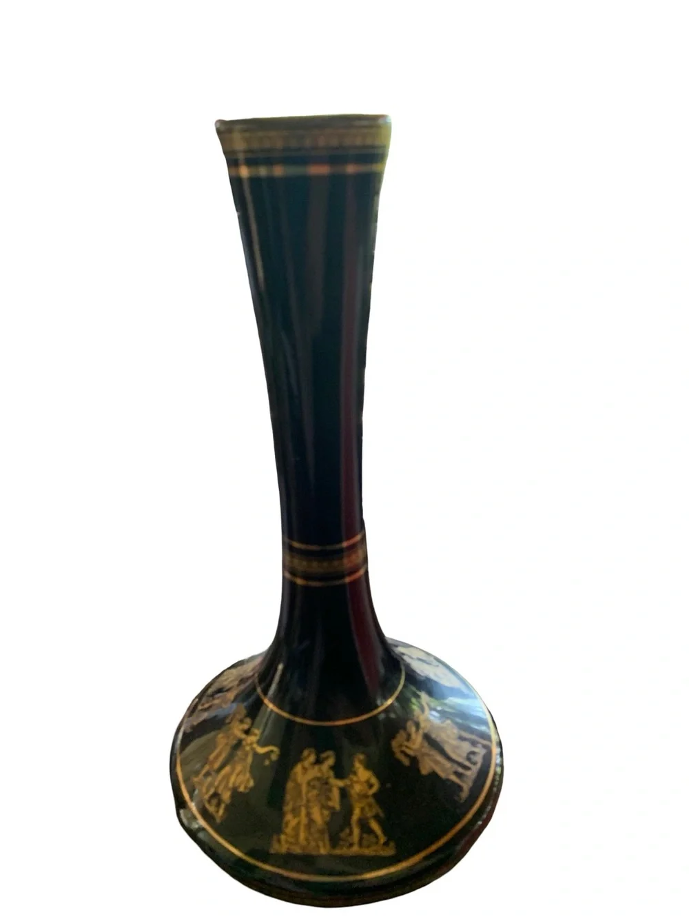 Vintage Spyropoulos Blueblack Porcelain Vase w/24k Gold Trim, Hellenistic Scenes
